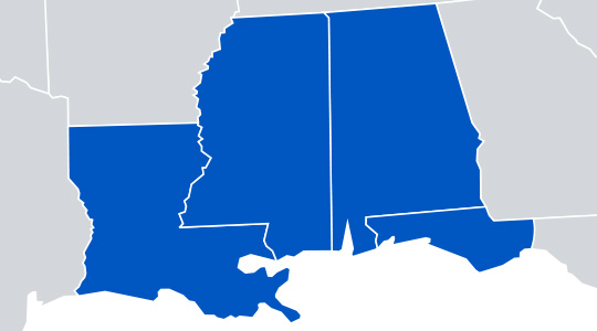 Map of the Gulf South States – Louisiana, Mississippi, Alabama, Florida